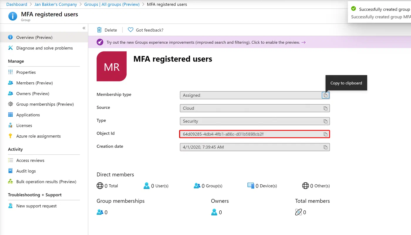 Azure portal details for the assigned security group created for the flow