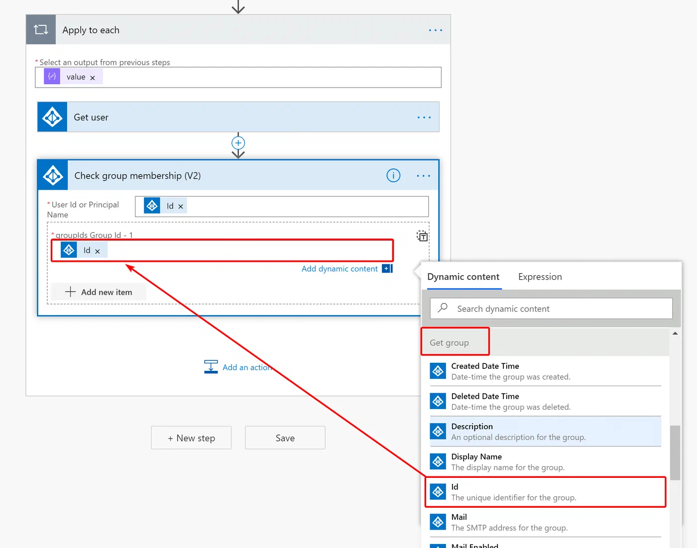 Configured Power Automate action checking whether a user belongs to the group