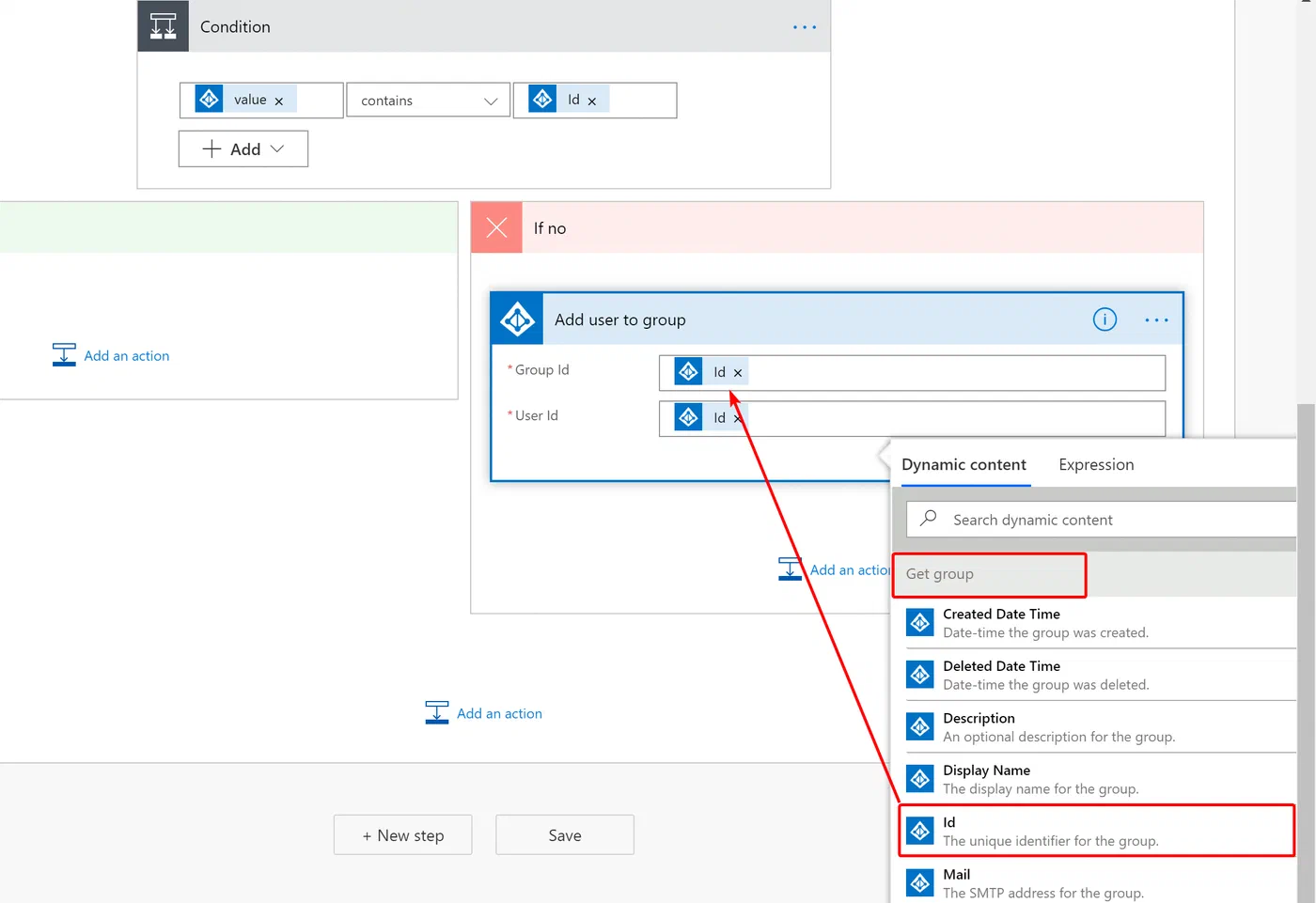 Power Automate Add user to group action in the If No branch