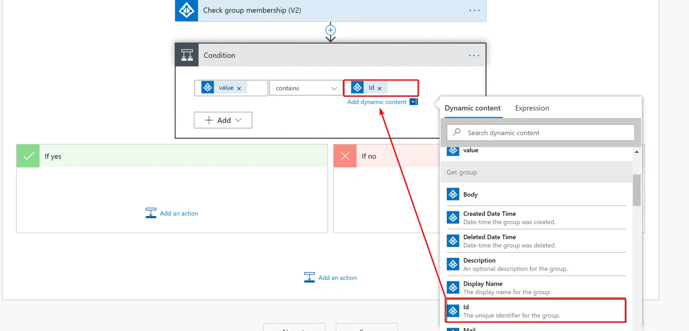 Power Automate condition using contains to detect existing group membership