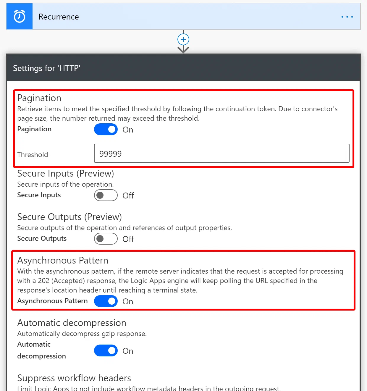 Power Automate HTTP action settings for pagination and asynchronous requests