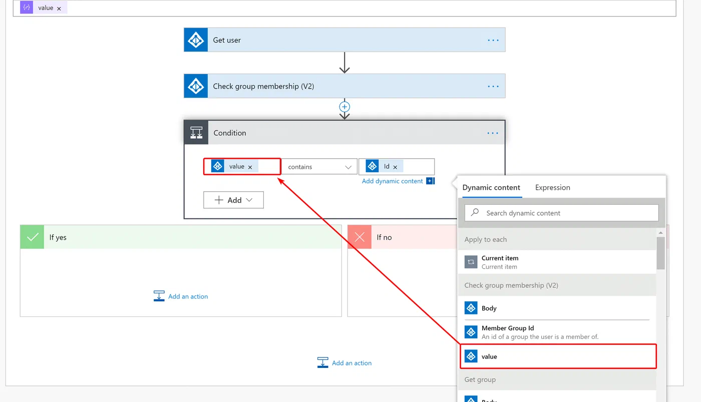Power Automate condition checking the group membership action output