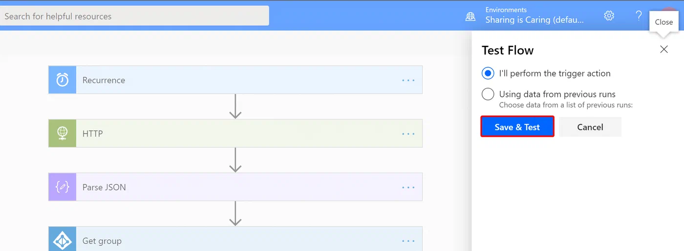 Power Automate run details showing the flow test in progress