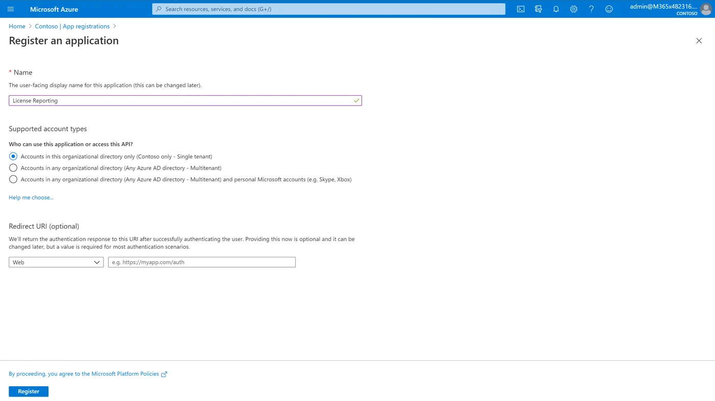 Azure portal app registration overview for the license monitoring flow