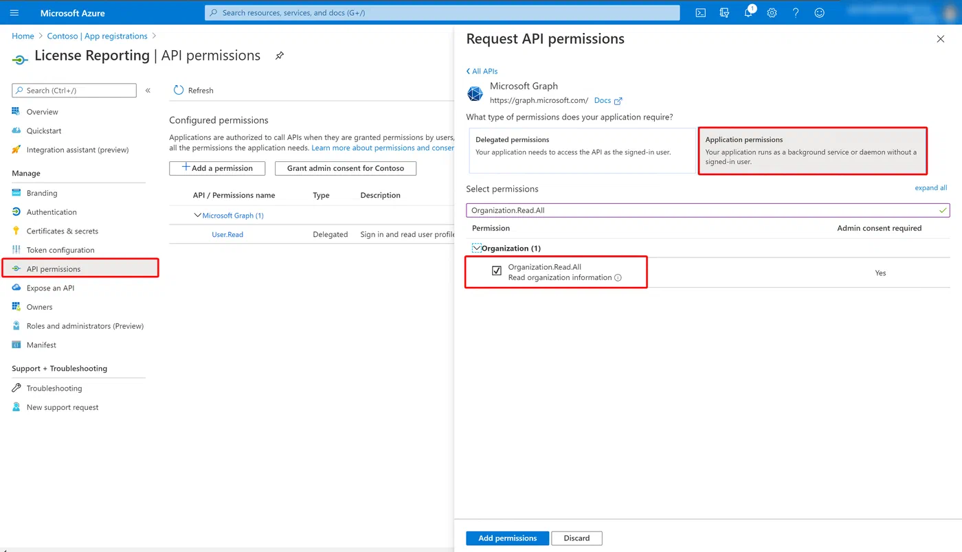 App registration API permissions for reading organization license data