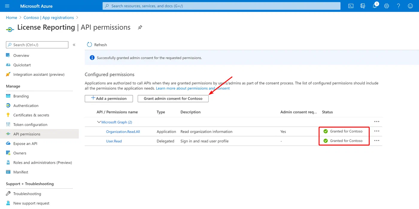 Azure portal admin consent confirmation for Microsoft Graph permissions