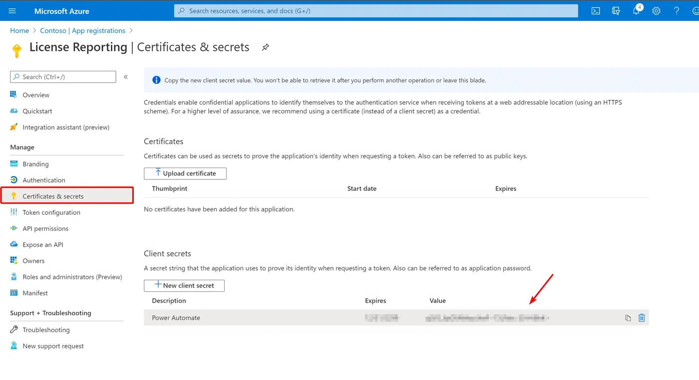 App registration page for creating a client secret for Graph API access