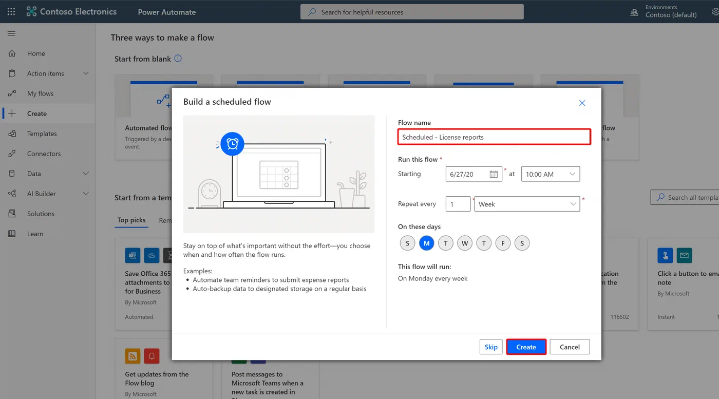 Power Automate scheduled flow trigger for recurring license checks