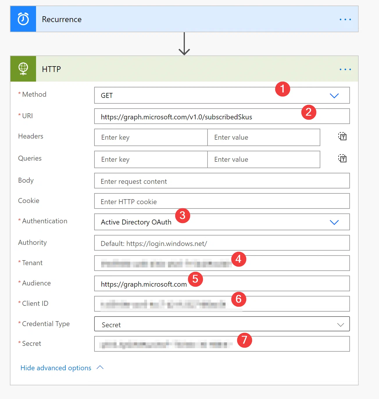 Power Automate HTTP action requesting subscribed SKU license data