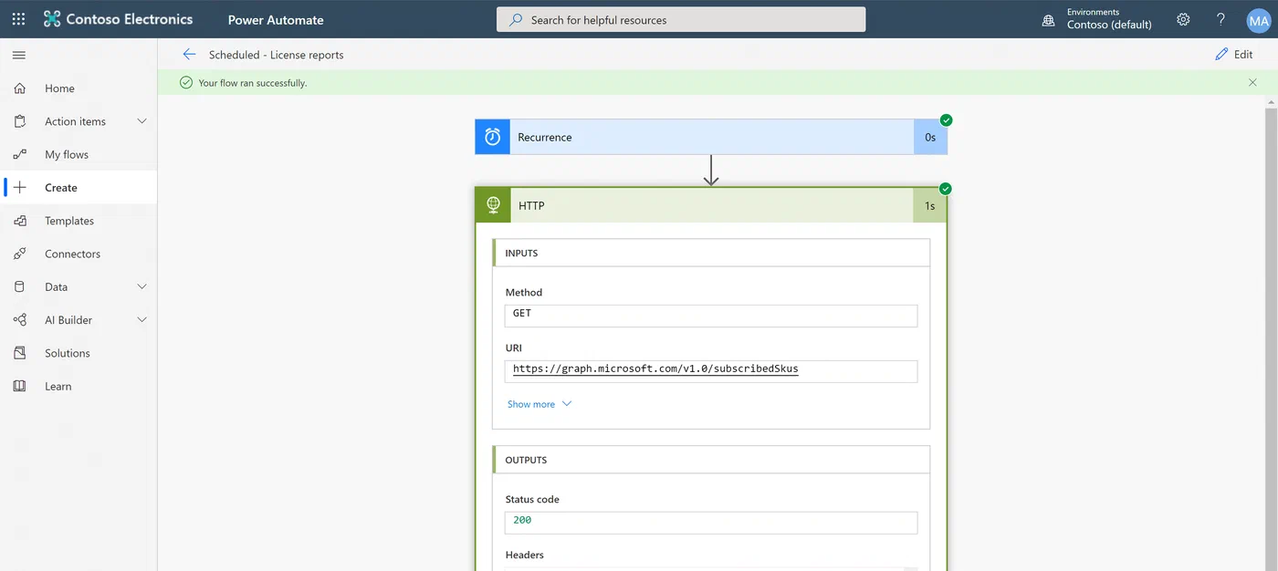 Power Automate HTTP response showing raw Microsoft Graph license data