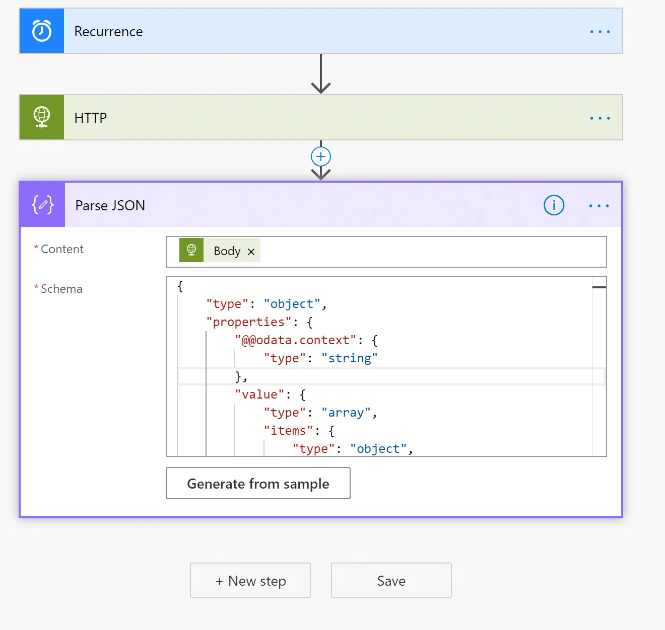 Power Automate flow with the Parse JSON action for license data