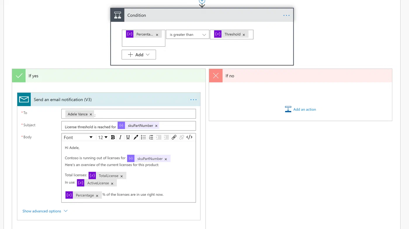 Power Automate condition comparing license use against the alert threshold