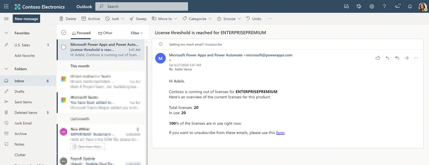 Example email alert reporting a license threshold in Power Automate