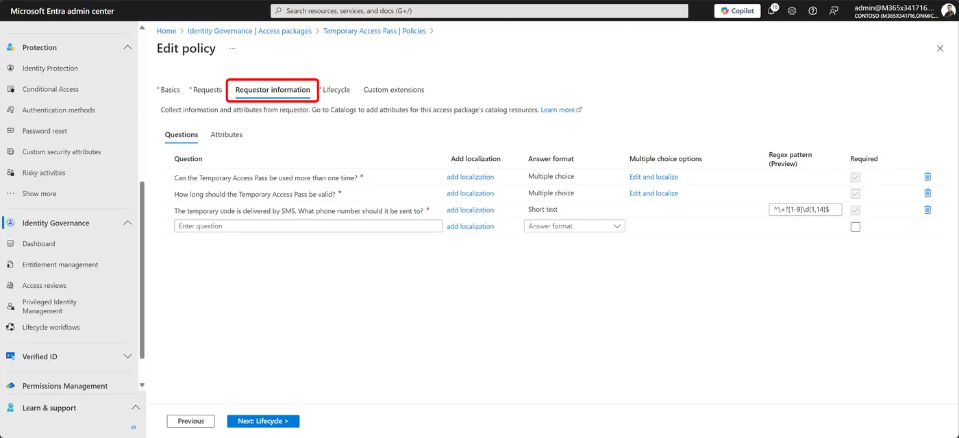 Access package policy’s requester information settings