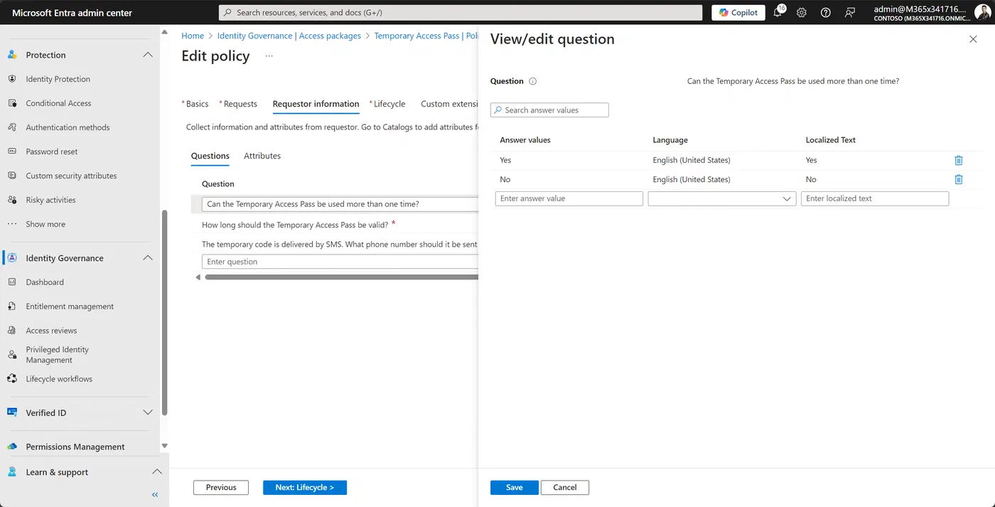 Requester question for choosing whether a Temporary Access Pass can be reused