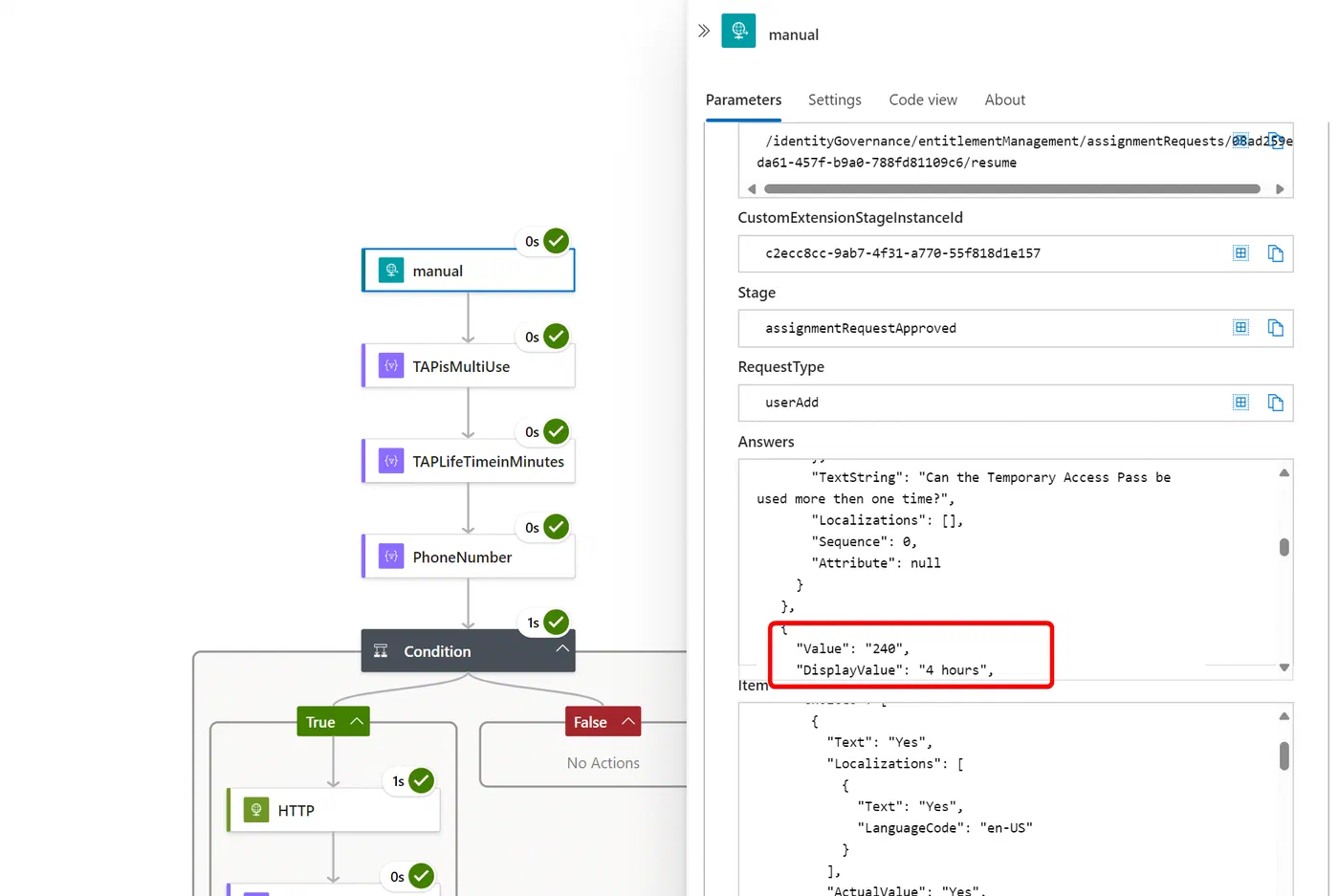 Logic App trigger containing the access package request answers