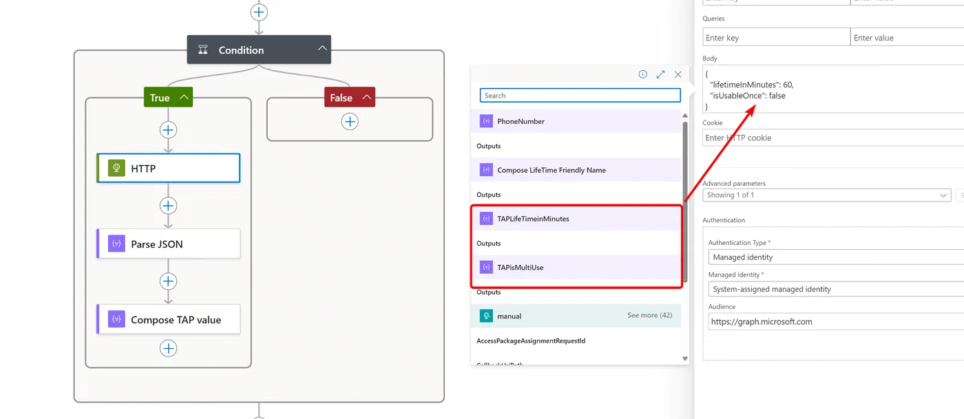 Logic App actions using the requested Temporary Access Pass settings