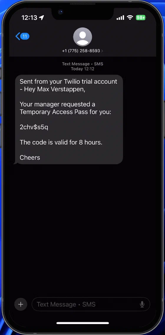 SMS delivering a Temporary Access Pass with its lifetime label