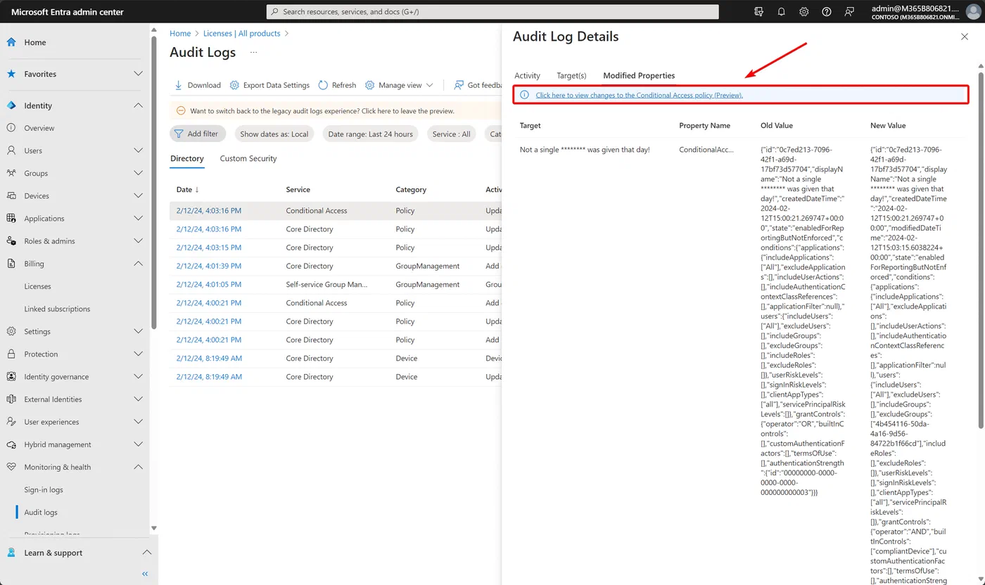 Audit log details for a Conditional Access policy change