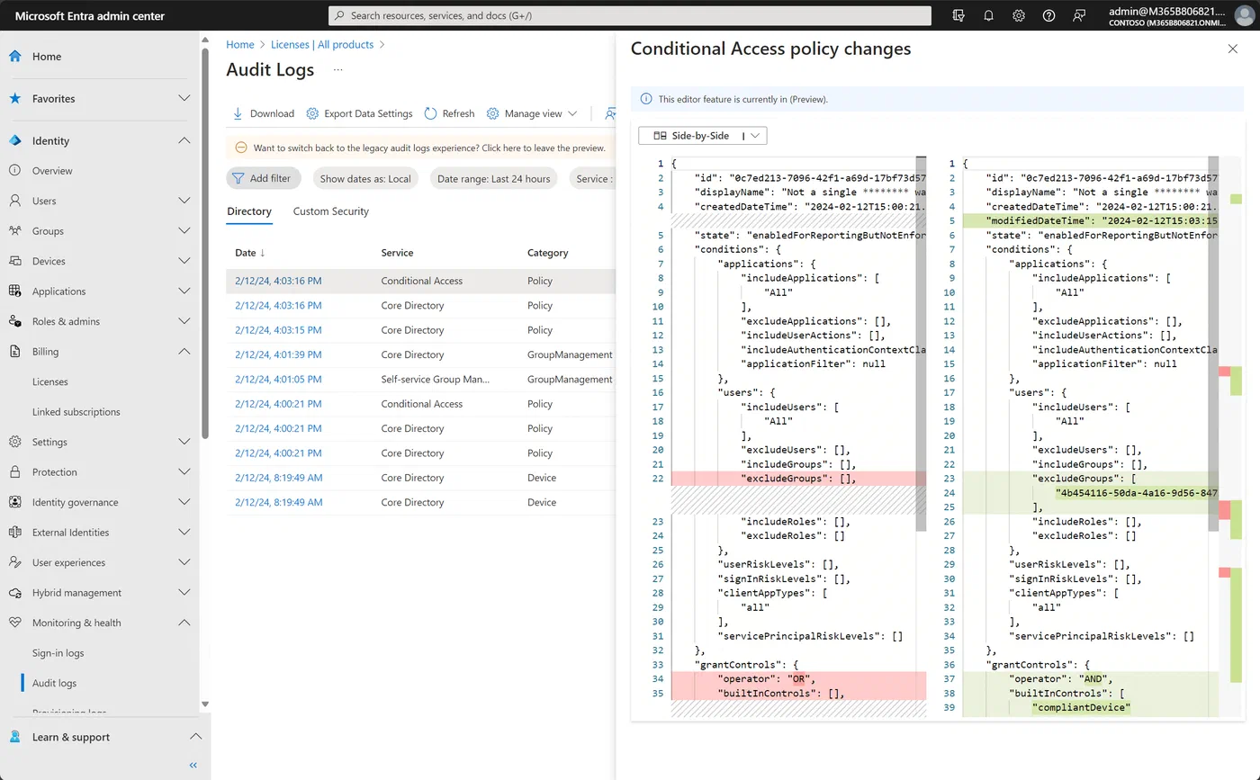 Side-by-side comparison of Conditional Access policy changes