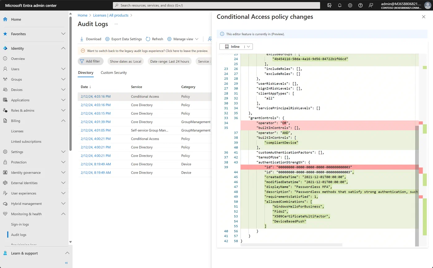 Inline view of Conditional Access policy changes