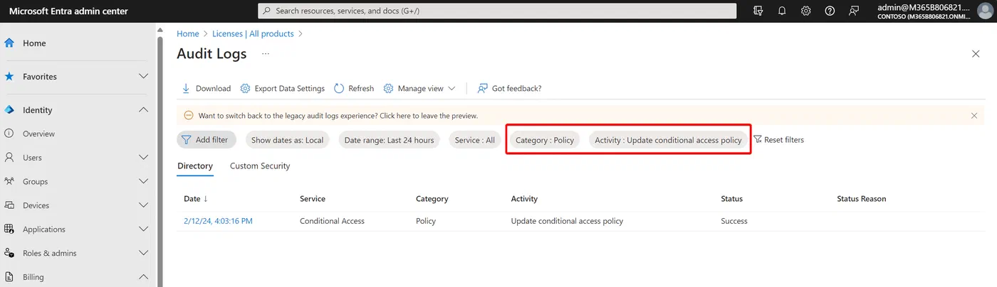 Audit log filters for Conditional Access policy updates