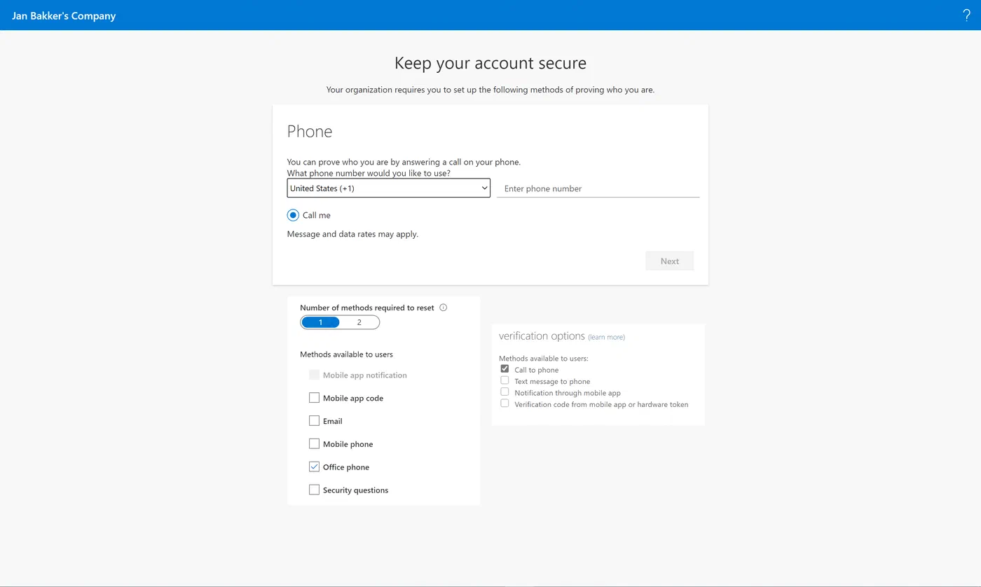 Combined MFA and password reset registration example, scenario 1