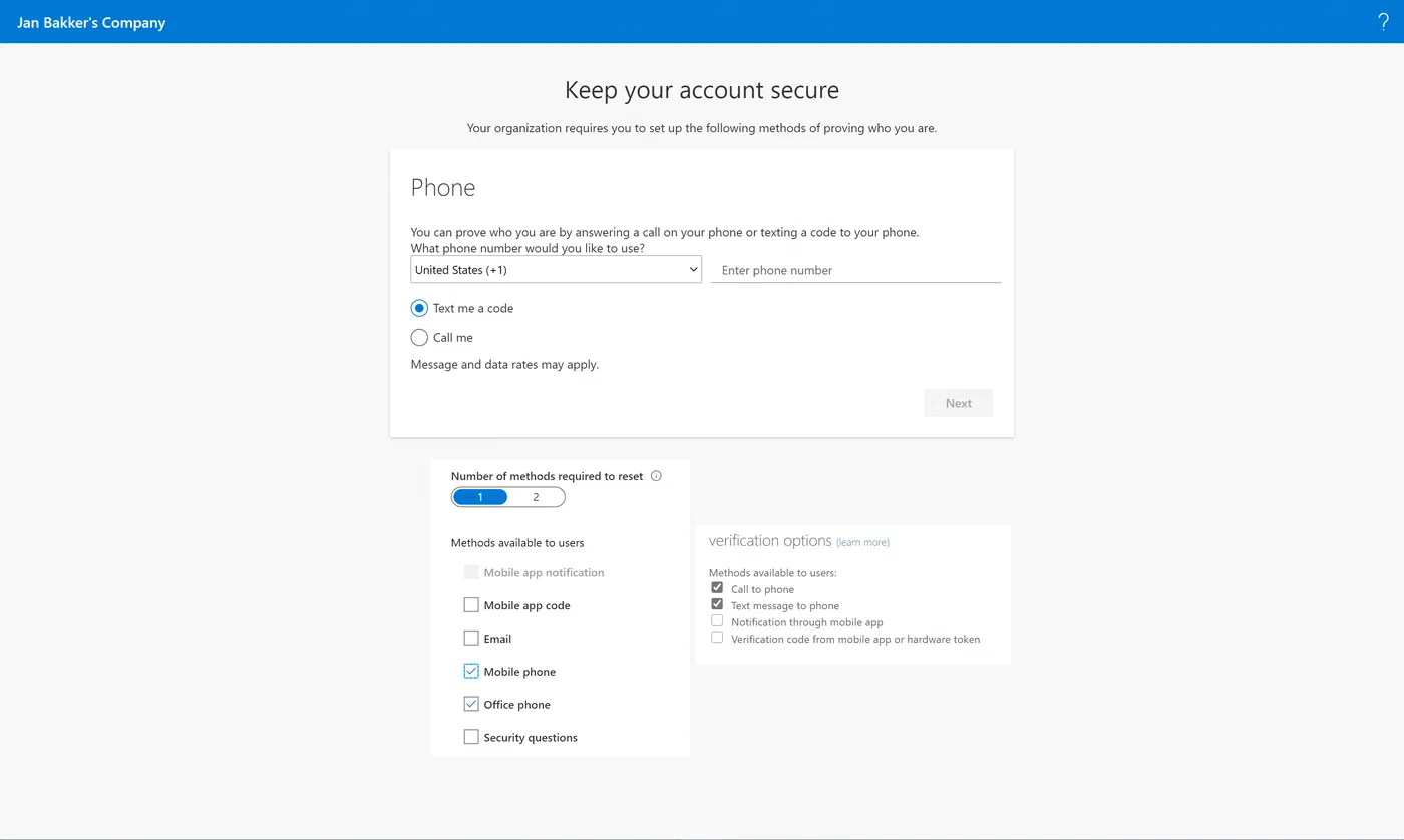 Combined MFA and password reset registration example, scenario 2