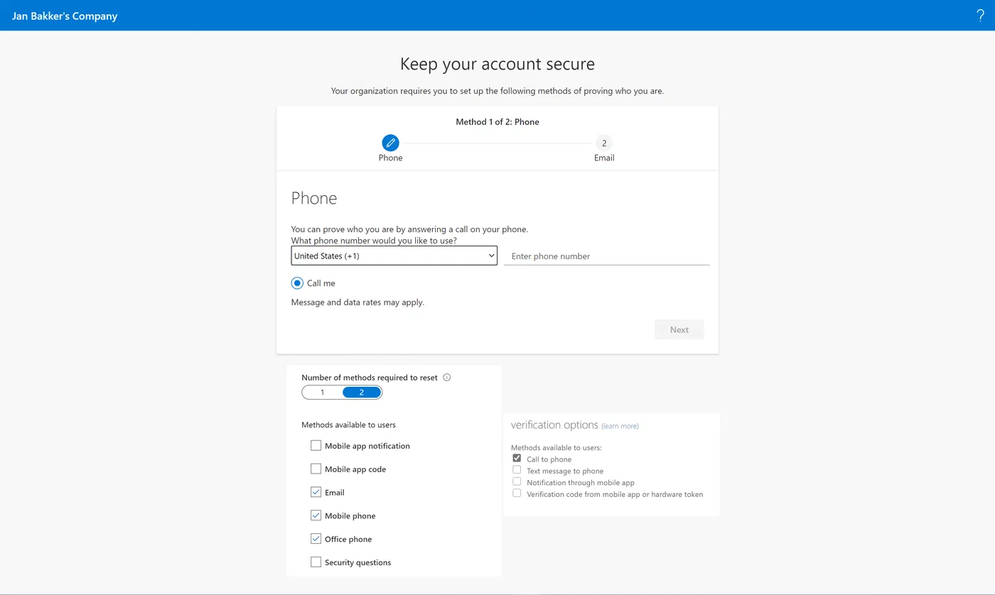 Combined MFA and password reset registration example, scenario 3