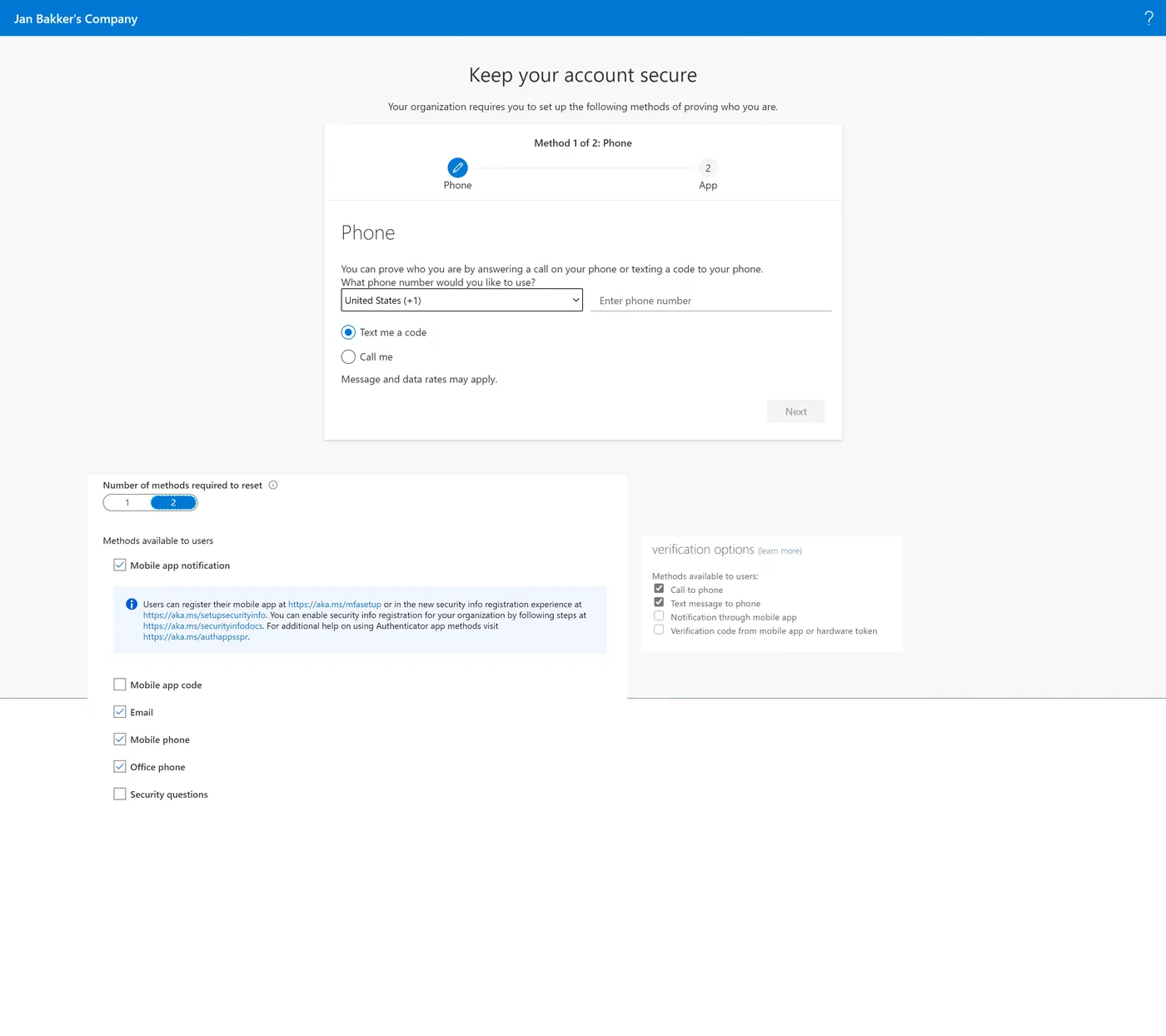 Combined MFA and password reset registration example, scenario 4
