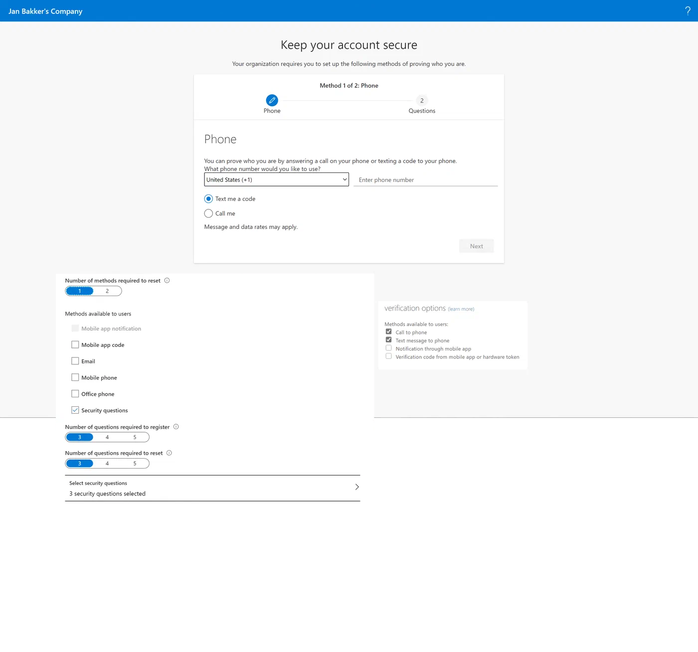Combined MFA and password reset registration example, scenario 6