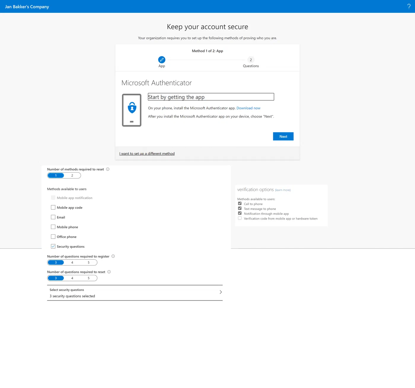 Combined MFA and password reset registration example, scenario 7