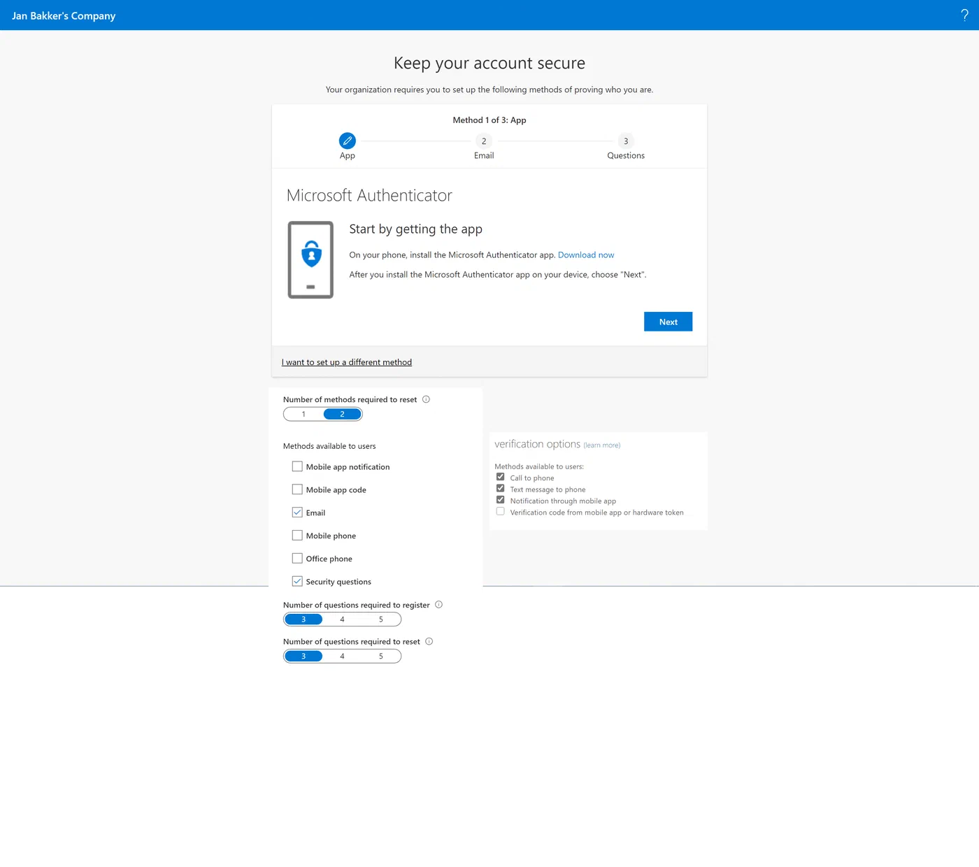 Combined MFA and password reset registration example, scenario 8