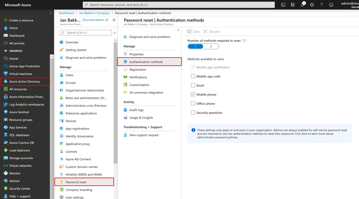 Password reset authentication methods settings