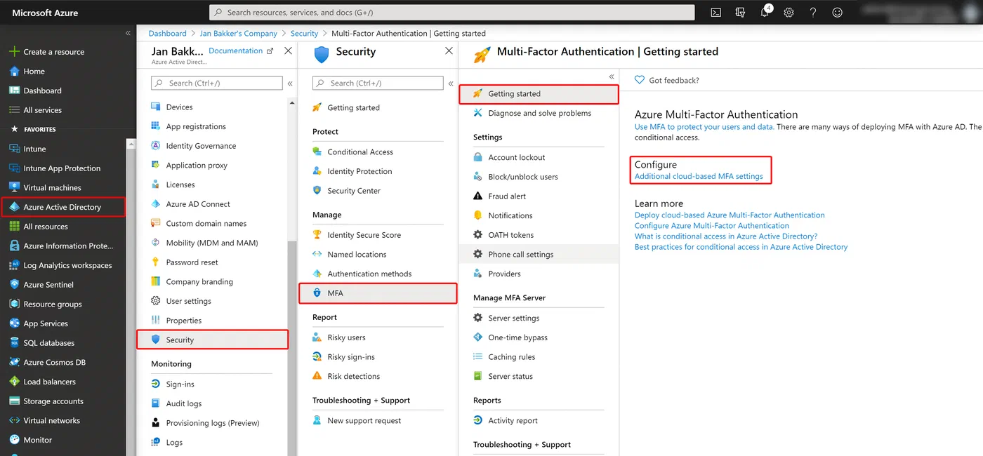 Azure MFA service settings for available verification methods
