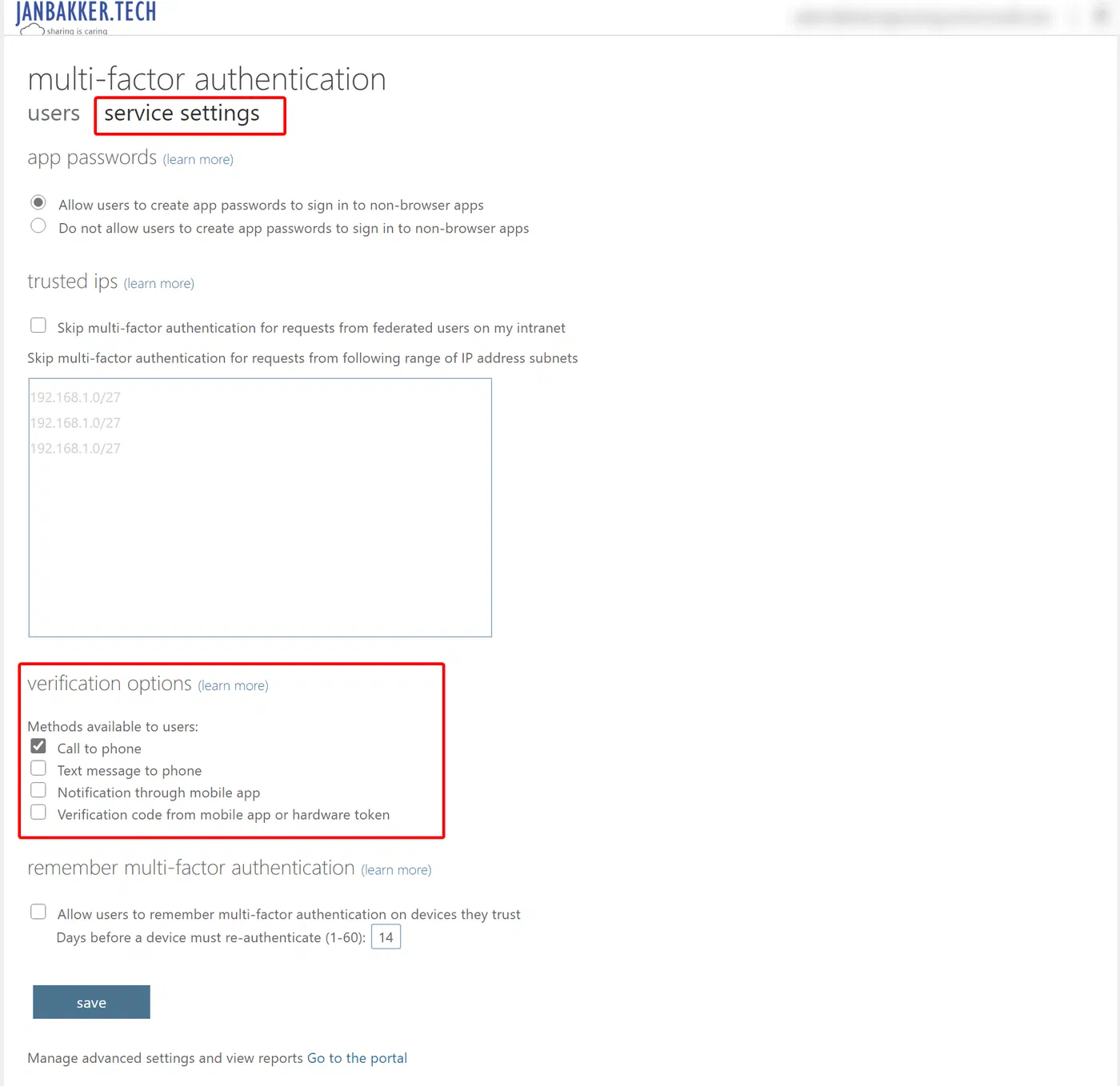 Azure MFA service settings affecting registration choices