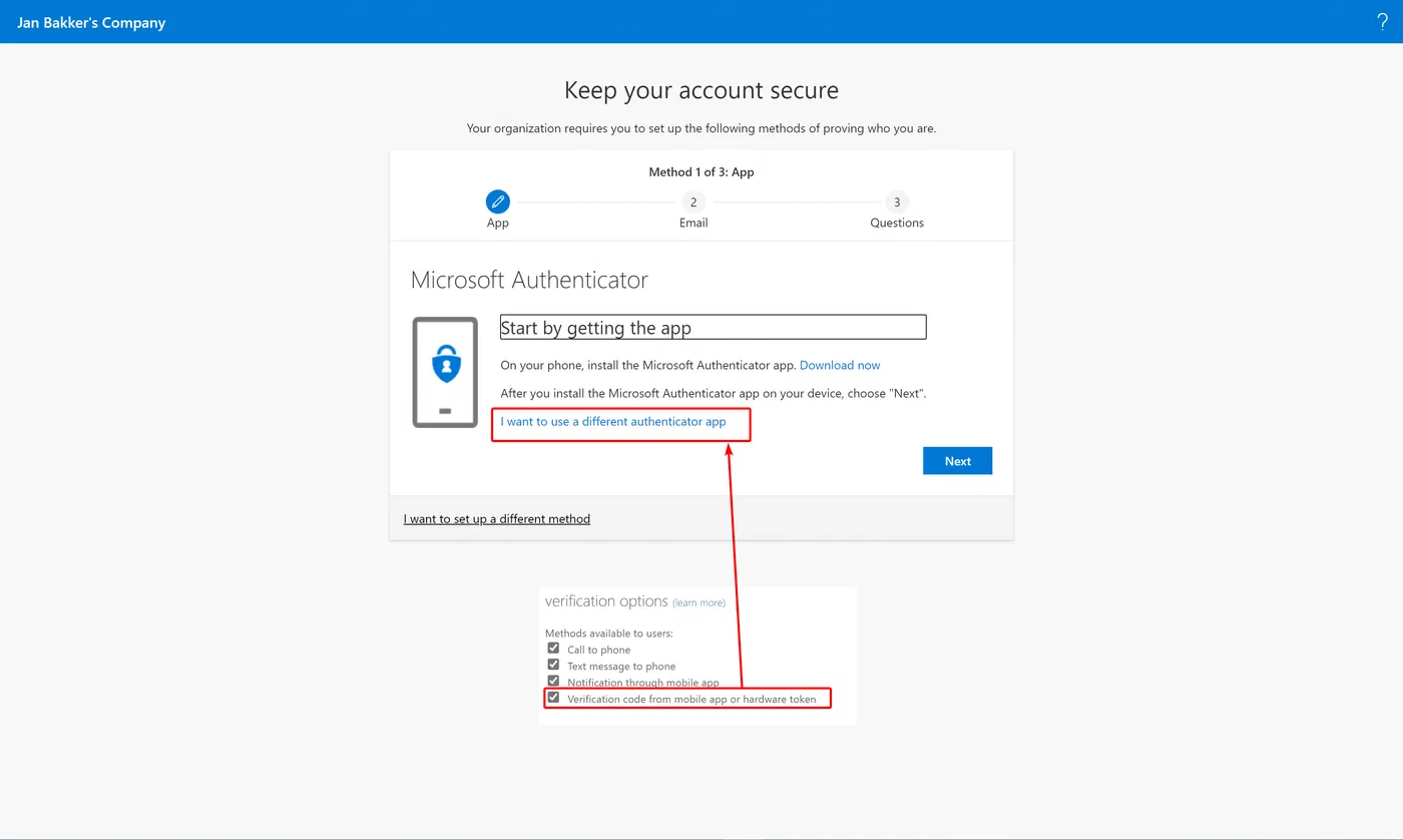Registration wizard offering a mobile app or hardware token verification code