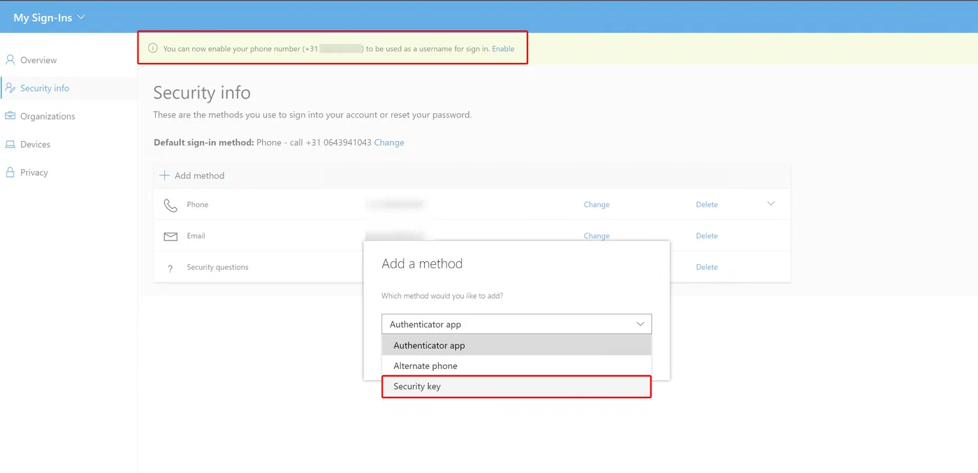 Combined registration portal options for security keys and SMS sign-in