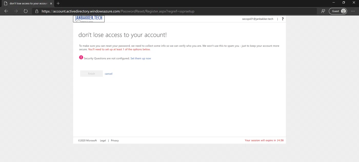 Separate self-service password reset registration portal